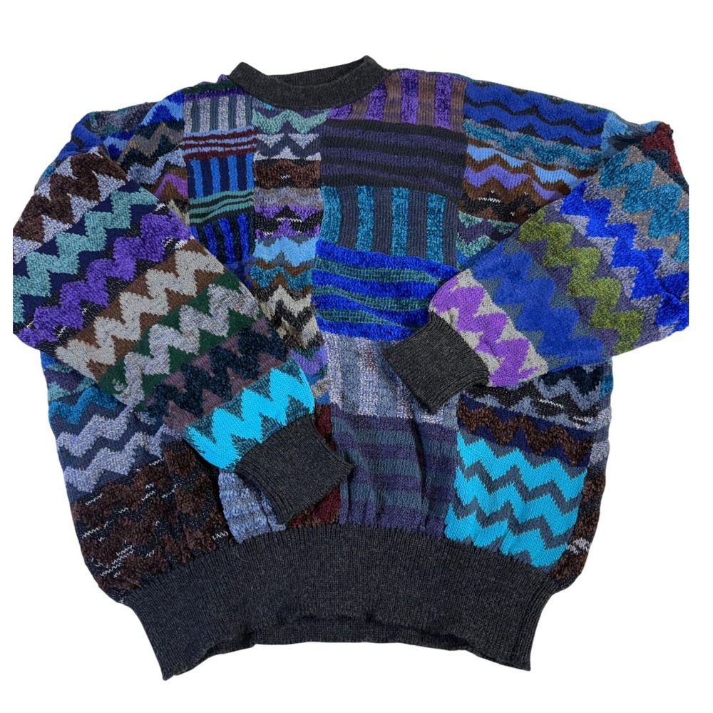 Marienbad Knit Sweater L Blue Patchwork Geometric Coogi Style Vintage